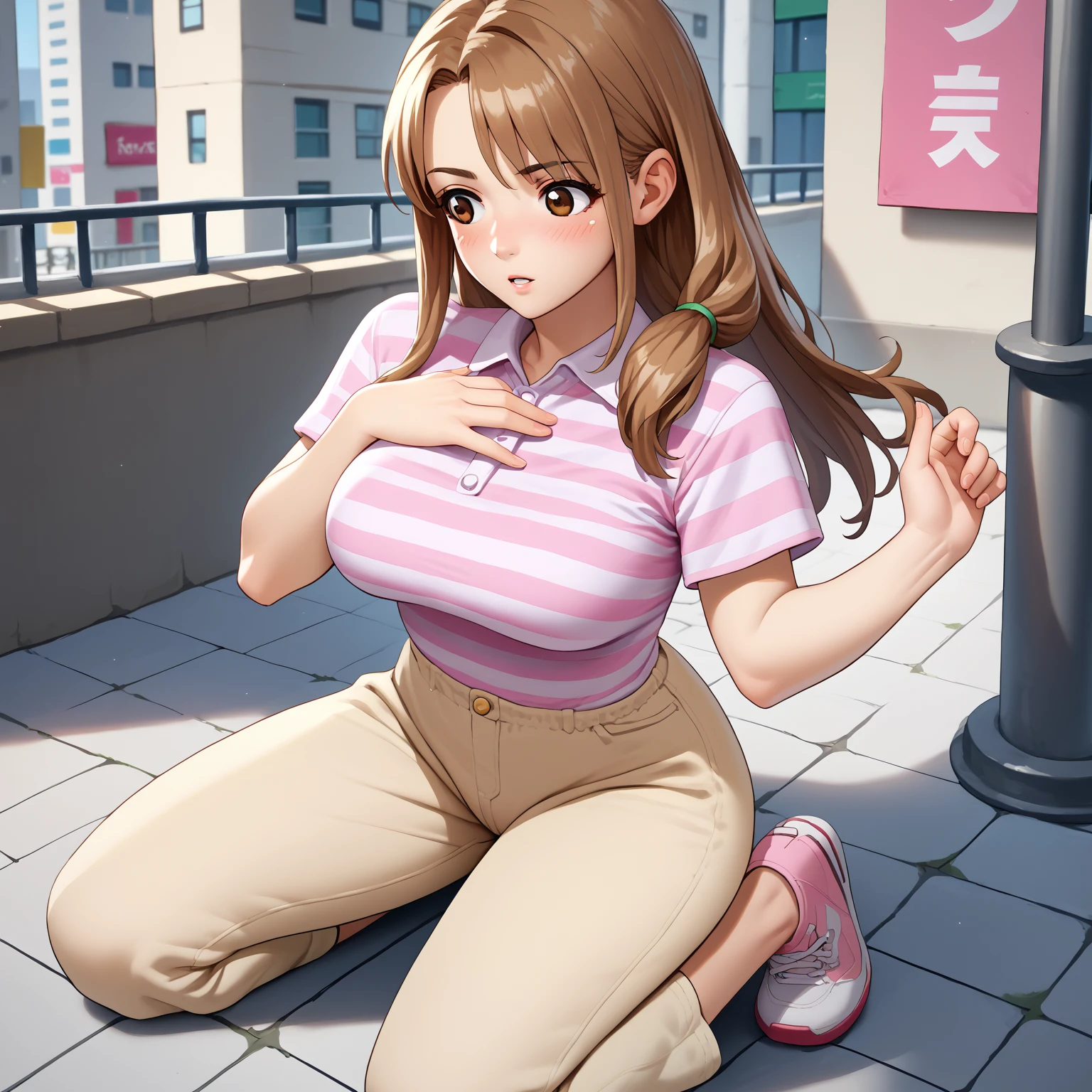 score_9, score_8_up, score_7_up, score_6_up, source_anime, 1girl, solo,  ftspMm, brown hair, long hair, hair over shoulder, brown eyes, large breasts, striped shirt, pink shirt, short sleeves, beige pants, hand on own chest, parted lips, looking at you, blush, sneakers, kneeling, city