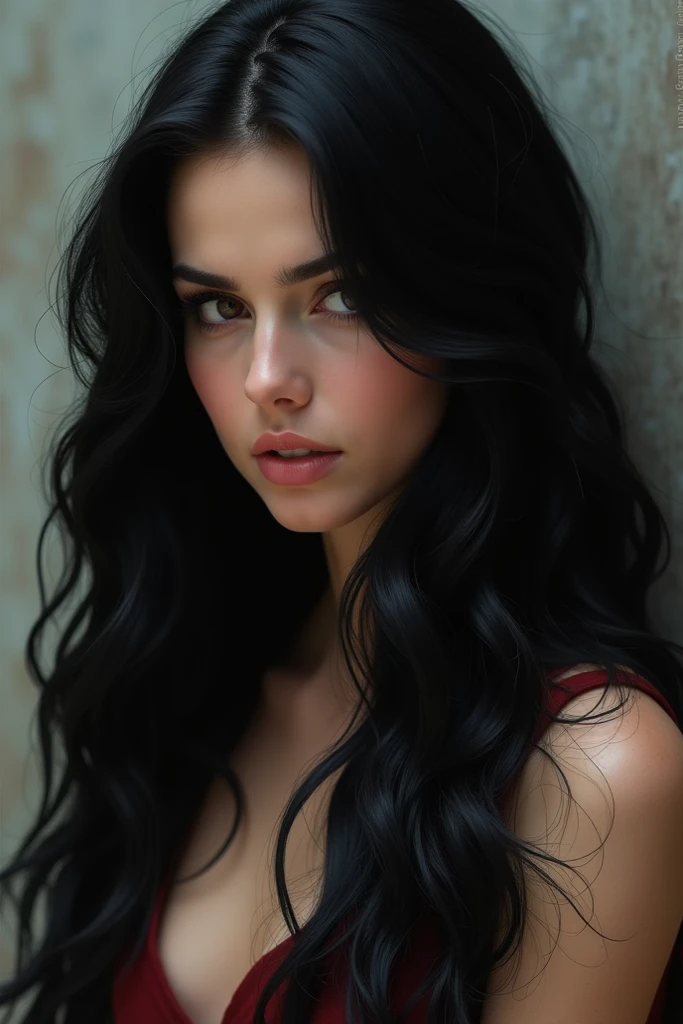 (Realistic:1.2), full body shot. (a ultra real full body shot photo of cute woman with black eyes and very long black hair, covering her uncoveted body), extremely sexy, (she listens into the ringing silence, slightly tilting her head to the side), Close-up details in the background, Ultra Contrast, ultra dark decor. Intricate details of her beautiful eyes and perfect face.
