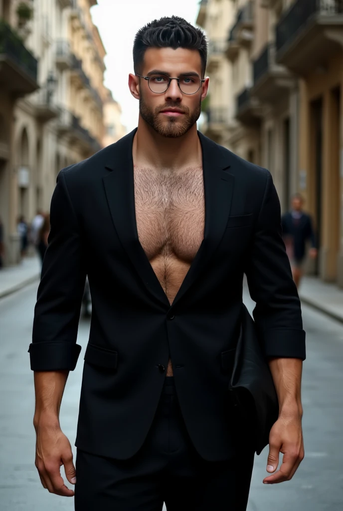 p4yn3,  A full body shot of a charismatic male fitness model, 30 years old，small beard, Sexy and charming expression，gloomy eyes，Blue eyes, captured walking in a Barcelona street, wearing a tight-fitting and unbuttoned black long-sleeved shirt, black suit pants and round-rimmed glasses, soft natural lighting, cinematic and moody, (best quality,4k,8k,highres,masterpiece:1.2),ultra-detailed,(realistic,photorealistic,photo-realistic:1.37),HDR,studio lighting,professional,vivid colors,dramatic lighting