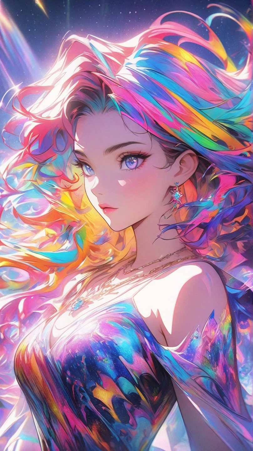 Close-up of a woman with colorful hair and necklace, anime girl with space hair, Ross brings out a soft vibrancy, Gouviz style artwork, fantasy art style, colorful], vivid fantasy style, Ross&#39;s vibrant comics, cosmic and colorful, Gweiz, colorful digital fantasy art, great art style, beautiful anime style, shining hair