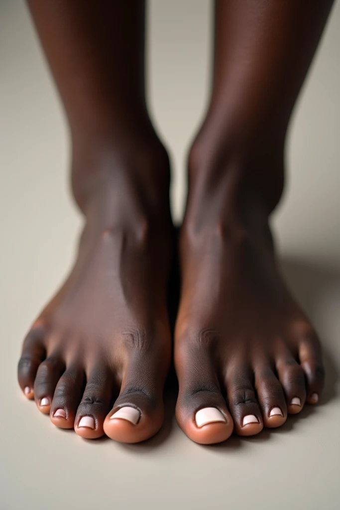 (photorealism:1.2), beautiful naked african american woman, showing her white pedicure feet