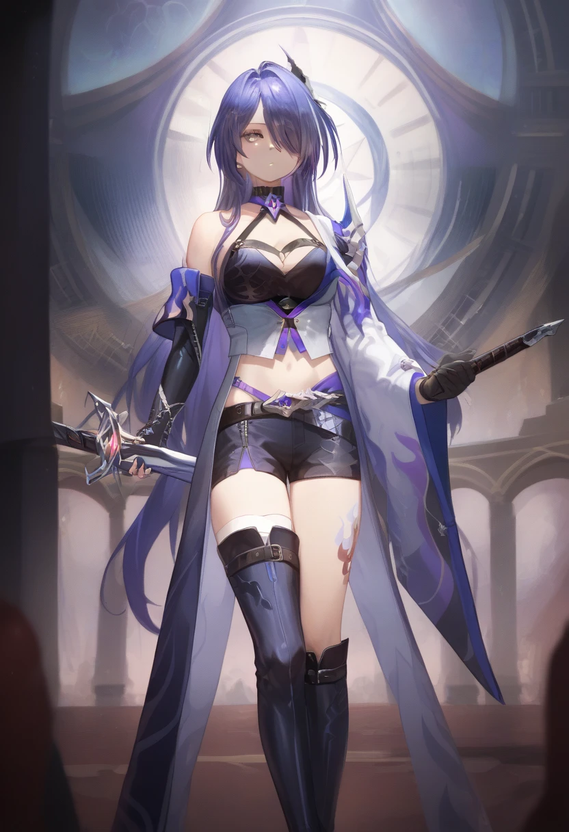 ,(score_9, score_8_up, score_7_up, score_6_up, score_5_up, score_4_up, just describe what you want, tag1, tag2),Hold the sword with both hands,Huangquan, def clothe, 1girl, long hair, purple eyes, purple hair, hair over one eye, thighhighs, breasts, boots, black gloves, blacks horts, cleavage, ( left single sleeve), long sleeve,( Holding a long, two-handed sword in both hands),(looking away),( expressionless), detailed, screen cap, very detailed, (detailed hair, eyes, and eyelashes:1.2), 1girl, Alone,25 years old,long hair, purple hair, purple eyes, hair over one eye,