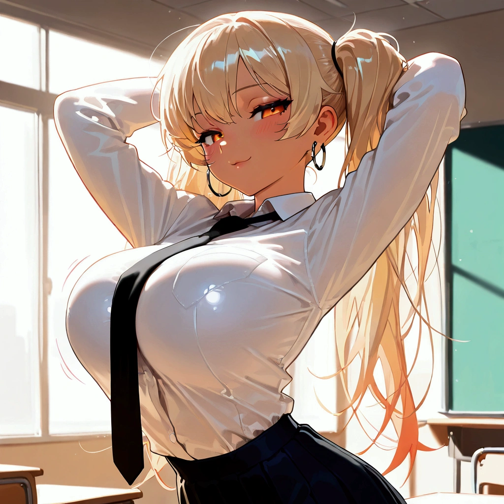 cowboy shot, cute girl, solo, school uniform, long hair, twintail hair, blonde hair with white ends, orange eyes, large breasts, necktie, hoop Pierced earrings, glossy lips, blush, flawless smooth skin, looking at viewer, seductive smile, half closed eyes, indoors, standing, classroom, arms up, Stretching, (bounching chest:1.4), (best quality,4k,8k,highres,masterpiece:1.2),ultra-detailed,intricate details, high fashion, dramatic lighting, warm colors, chiaroscuro