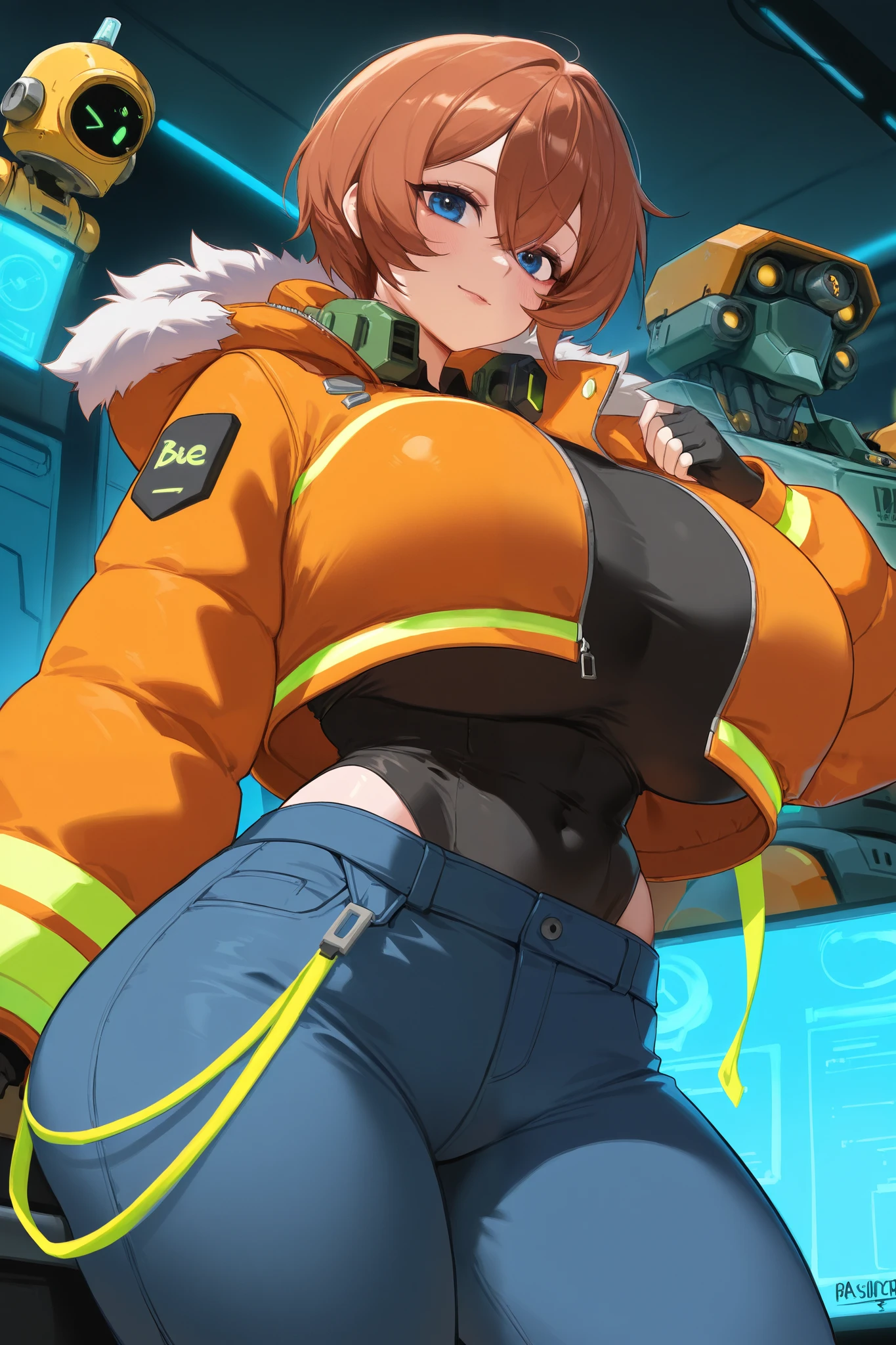 1 girl,  engineer draws,  big breasts,  big booty ,  Wearing a warm jacket, pants, be in the workshop, robots , cyberpunk environment . 