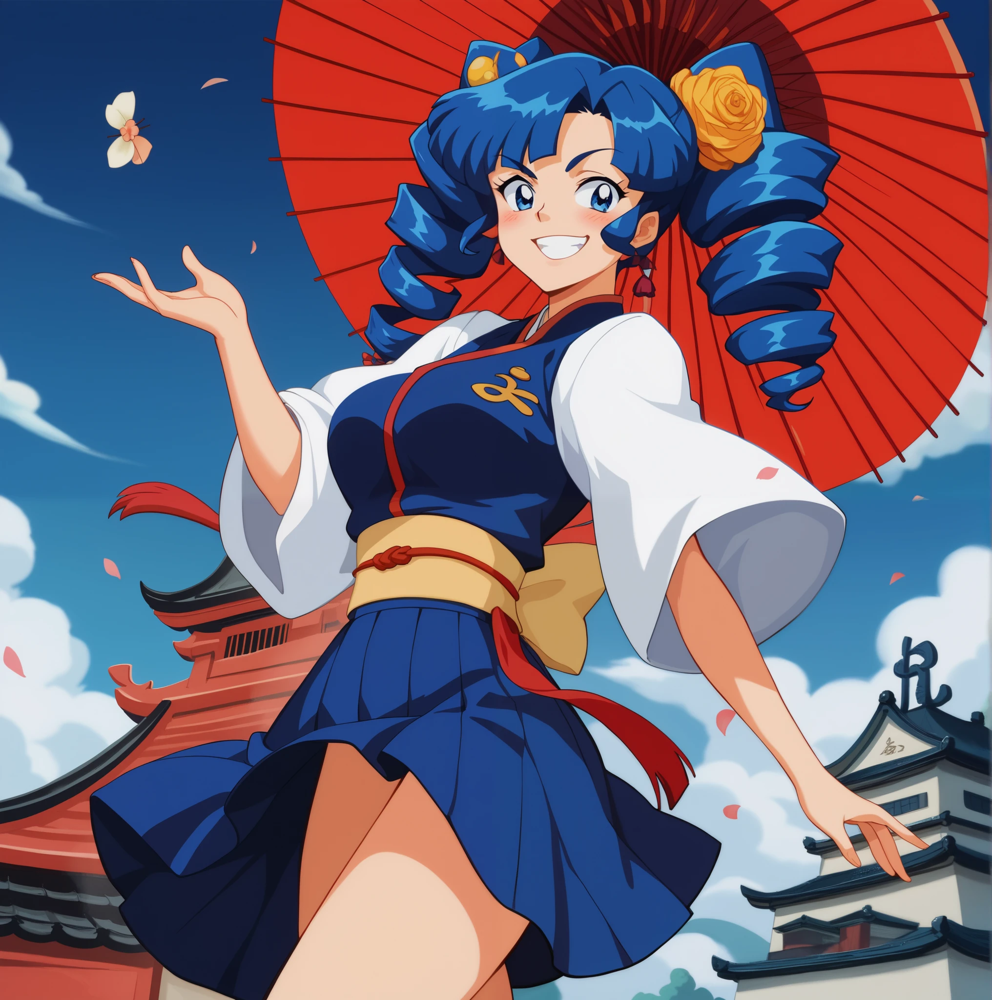 Young woman drawn in 80’s anime art style. 
 Retro anime . Vintage Anime. Classical Anime. 
Black Blue HAIR
Twin Drills Hair
She has perfectly Round and Circle eyes. 
Blue eyes and Medium Sized Eyebrows. 
She is Tan Woman.
She has Large Breast
Small blush on cheek.
Evil Smile/ Smirk

She is wearing a japanese Hanfu clothing.

Hanfu (simplified Chinese: Hanfu; traditional Chinese: Hanfu; pinyin: Hanfu , lit. "Han clothing"), are the traditional styles of clothing worn by the Han Chinese since the 2nd millennium BCE. There are several representative styles of hanfu, such as the ruqun (an upper-body garment with a long outer skirt), the aoqun (an upper-body garment with a long underskirt), the beizi and the shenyi,  and the shanku (an upper-body garment with ku trousers).

(Cloudy) (Sky) (Raindrops) (Rainy Sky)

(View from the Temple)

Solo, 