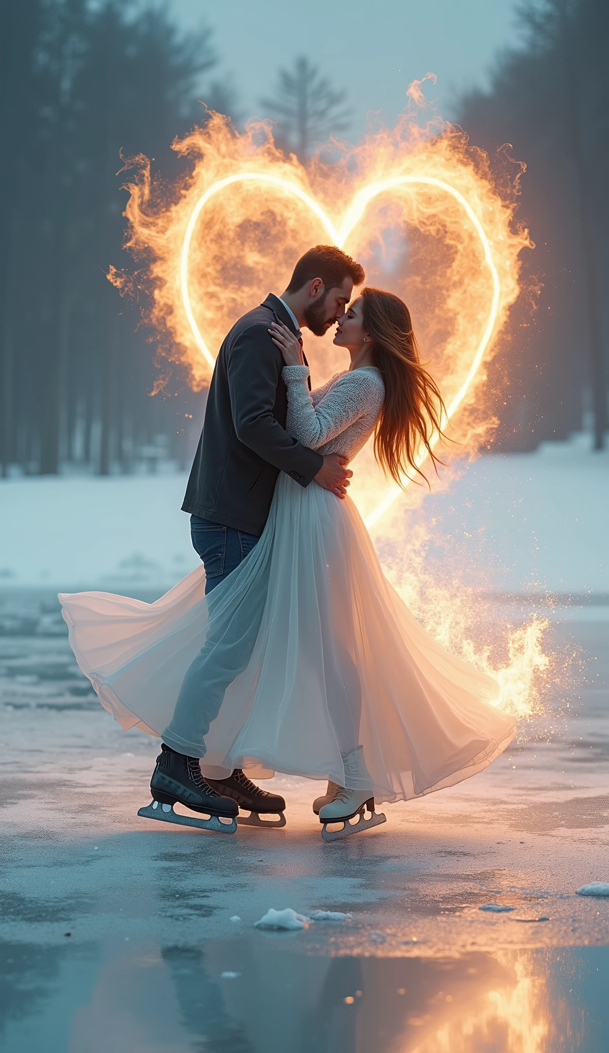 A stunning cinematic scene of a Black couple gracefully gliding across the ice, their hands intertwined as they share a moment of pure joy. The ice is covered in heart shapes, a symbol of their love, while red and blue smoke flares in the sky add a touch of magic to the already enchanting scene. The ultra HD quality captures every detail, making it feel like you're right there on the ice with them.