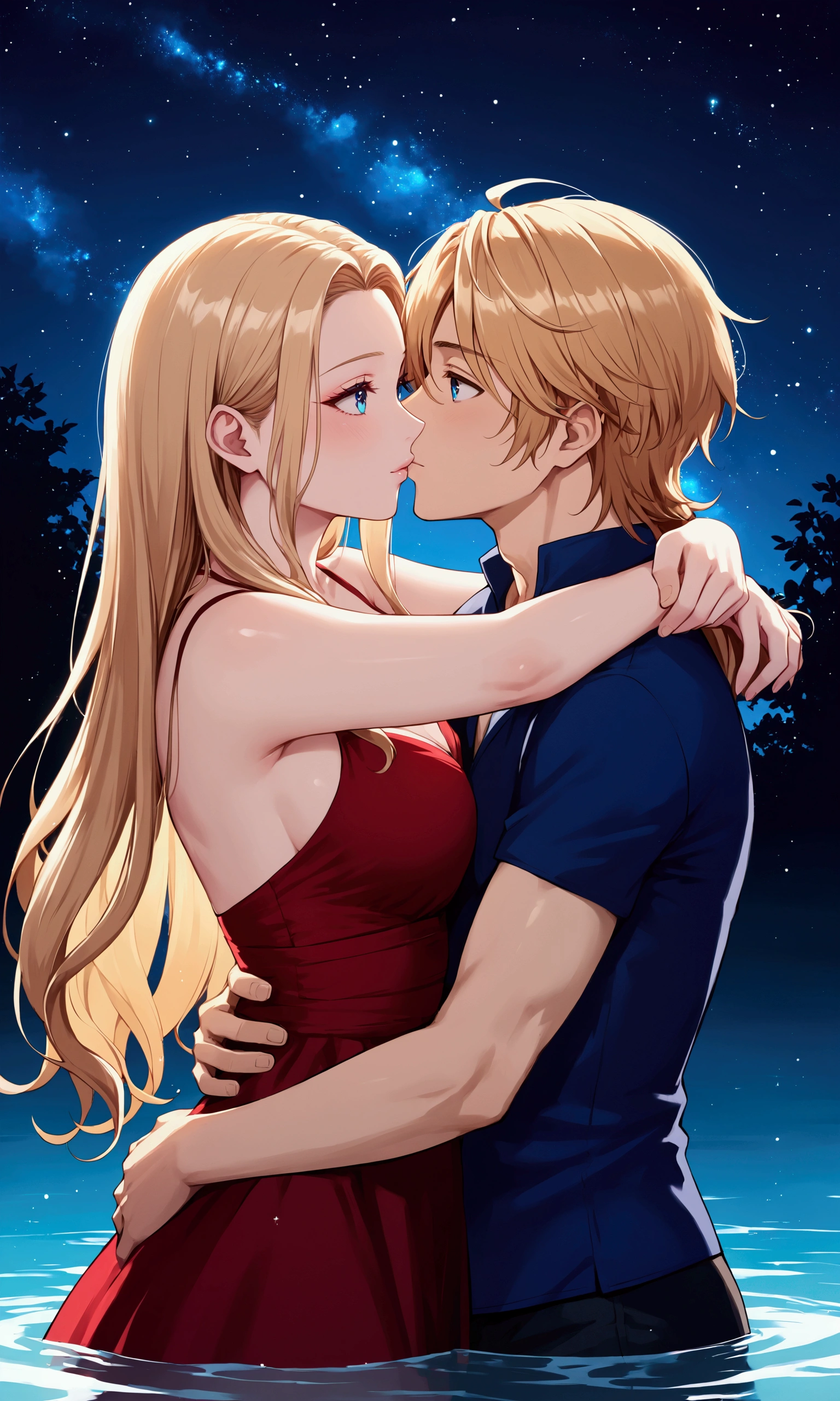 Boy and girl lover couple hugging pose, under the starry sky, half in the water, before kissing, long hair, fantasy, minimal red dress, loving and charming seductive gorgeous girl hugging masculine boy Temptation, staring at each other, original, eyebrows visible from hair, long-haired male character and long-haired female character