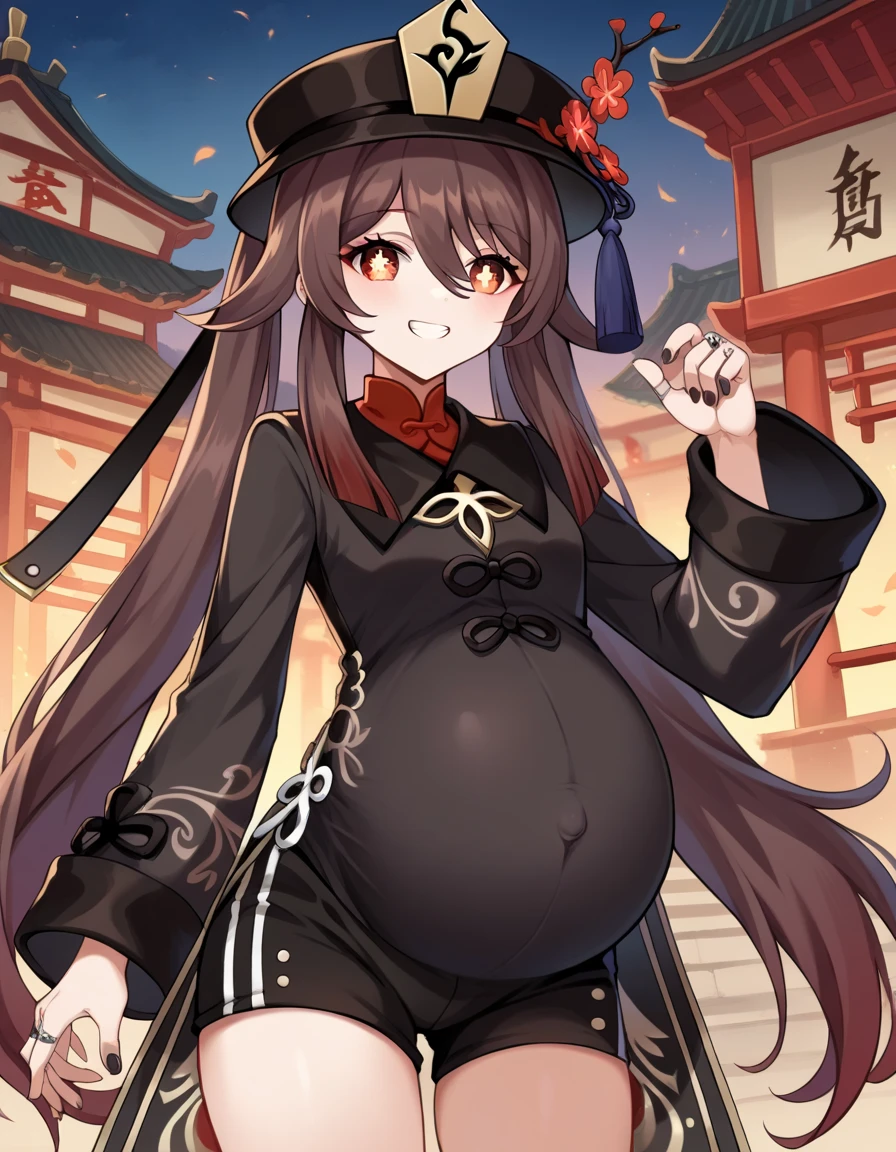 Fraction_9, Fraction_8_up, Fraction_7_up, source_ Japanese Cartoon ,Black_Pregnant, 我have一个孩子 , Rounded_pregnant，Pregnant的_pregnant，Black_pregnant，Black肚子，
HuTao, HuTao,  long hair,  bangs,   brown hair ,  red eyes,  hair between eyes , Twin ponytails, temple,  Smile,  grins ,
Long sleeve, have, jewelry, flower,  shorts, Wide sleeves, coat,  Chinese Clothes , hat，black  shorts, ring, Black nails, have ornament, have flower,
 View audience ,  cowboy shooting, Hook of Holland, 