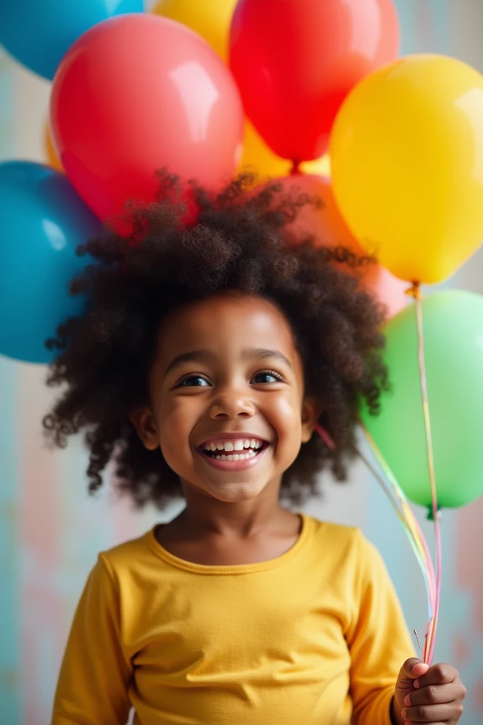 Create UHD photorealistic photo of a playful 24-month-old African boy at a birthday party, surrounded by colorful balloons. Use an 85mm lens, focusing on vibrant colors and joyful expressions. No animation, no 3D image, no extra fingers.
