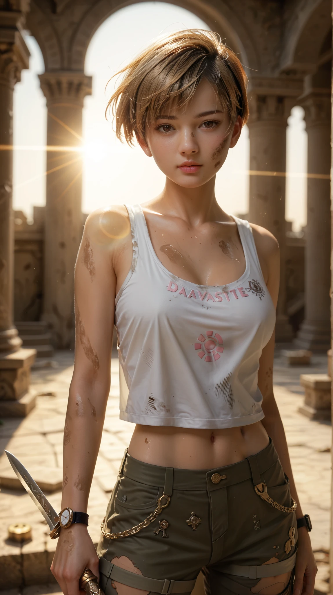 (1girl, anime style, UHD, best quality, depth of field, dramatic lighting at dawn, cinematic, masterpiece:1.5), (adorable mature face, strong expression, statuesque athletic body, short pixie cut hair, thick golden hair, tan skin, dirty muddy skin, detailed skin textures, anatomically correct:1). An adventurer, tanktop and tactical short pants, gears, watch, dagger, dynamic composition, mysterious asian temple ruins background, candid photography style