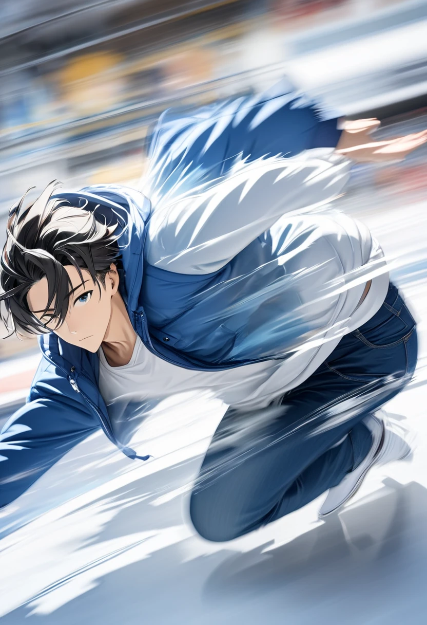  handsome young man with dark hair"Asuka" , breakdancing on ice ･Fast spin (( motion blur :4.5 ,  double exposure :1.2 , Afterimage effect:2.5 ,  Blurred Background)) , serious face ,  wearing a white hoodie and blue jacket jeans , 