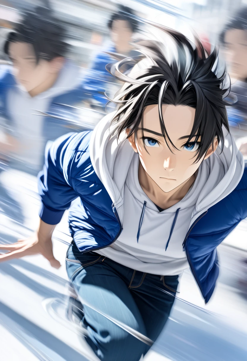  handsome young man with dark hair"Asuka" , breakdancing on ice ･Fast spin (( motion blur :4.5 ,  double exposure :1.2 , Afterimage effect:2.5 ,  Blurred Background)) , serious face ,  wearing a white hoodie and blue jacket jeans , 