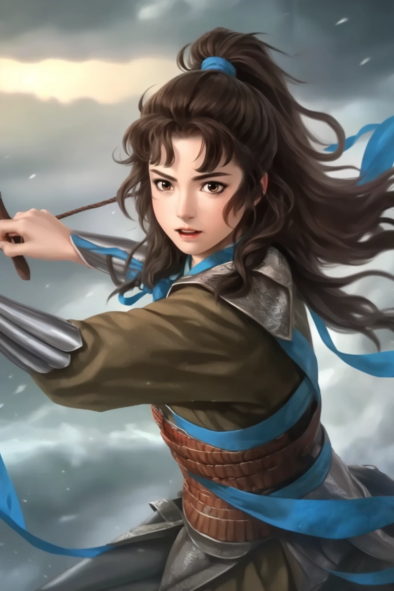   young woman、  On Board of the Storm  、  whole body、The light in your eyes、 curly eyes  、Two-dimensional elements  、Woman wearing brown Japanese armor、excited face  、Sharp Eyesight 、 Passionate look 、  black hair、 big eyes、 High Angle、 planted 、Tie up hair、 ponytail、 blue ribbon