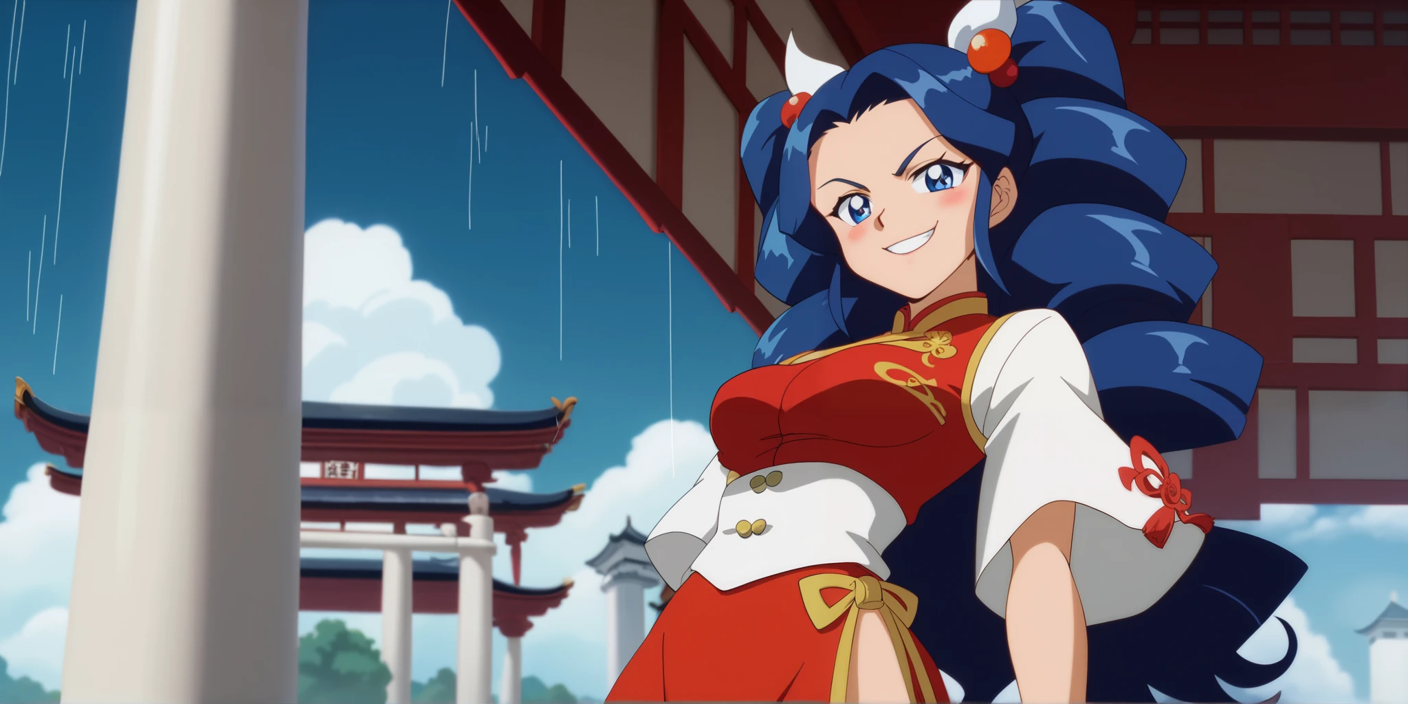 Young woman drawn in 80’s anime art style. 
 Retro anime . Vintage Anime. Classical Anime. 
Black Blue HAIR
Twin Drills Hair
She has perfectly Round and Circle eyes. 
Blue eyes and Medium Sized Eyebrows. 
She is Tan Woman.
She has Large Breast
Small blush on cheek.
Evil Smile/ Smirk

She is wearing a japanese Hanfu clothing.

Hanfu (simplified Chinese: Hanfu; traditional Chinese: Hanfu; pinyin: Hanfu , lit. "Han clothing"), are the traditional styles of clothing worn by the Han Chinese since the 2nd millennium BCE. There are several representative styles of hanfu, such as the ruqun (an upper-body garment with a long outer skirt), the aoqun (an upper-body garment with a long underskirt), the beizi and the shenyi,  and the shanku (an upper-body garment with ku trousers).

(Cloudy) (Sky) (Raindrops) (Rainy Sky)

(View from the Temple)

Solo, 