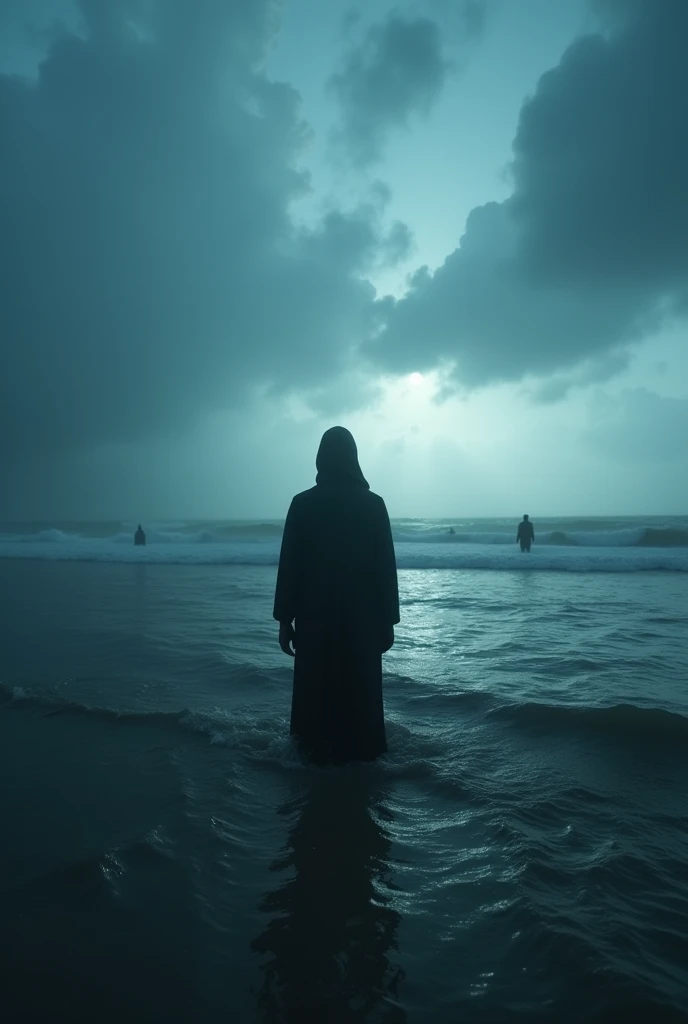 A cinematic wide-angle shot of a dark, shadowy figure standing waist-deep in the ocean at dusk, surrounded by a misty, otherworldly atmosphere, with faint silhouettes of other figures in the distance under dramatic, stormy clouds. The scene is illuminated by a soft, ethereal light emanating from the horizon, creating an intense and mysterious mood. Shot with a Sony A7S III, 28mm lens, using a muted blue and gray color palette to enhance the haunting aesthetic