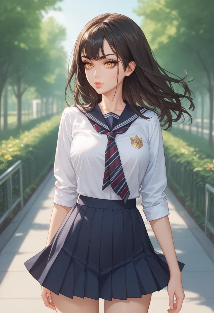 1girl, beautiful detailed eyes, beautiful detailed lips, extremely detailed face, long eyelashes, dark hair, golden eyes, interesting school uniform, short skirt, long-sleeved shirt, funny pattern, 