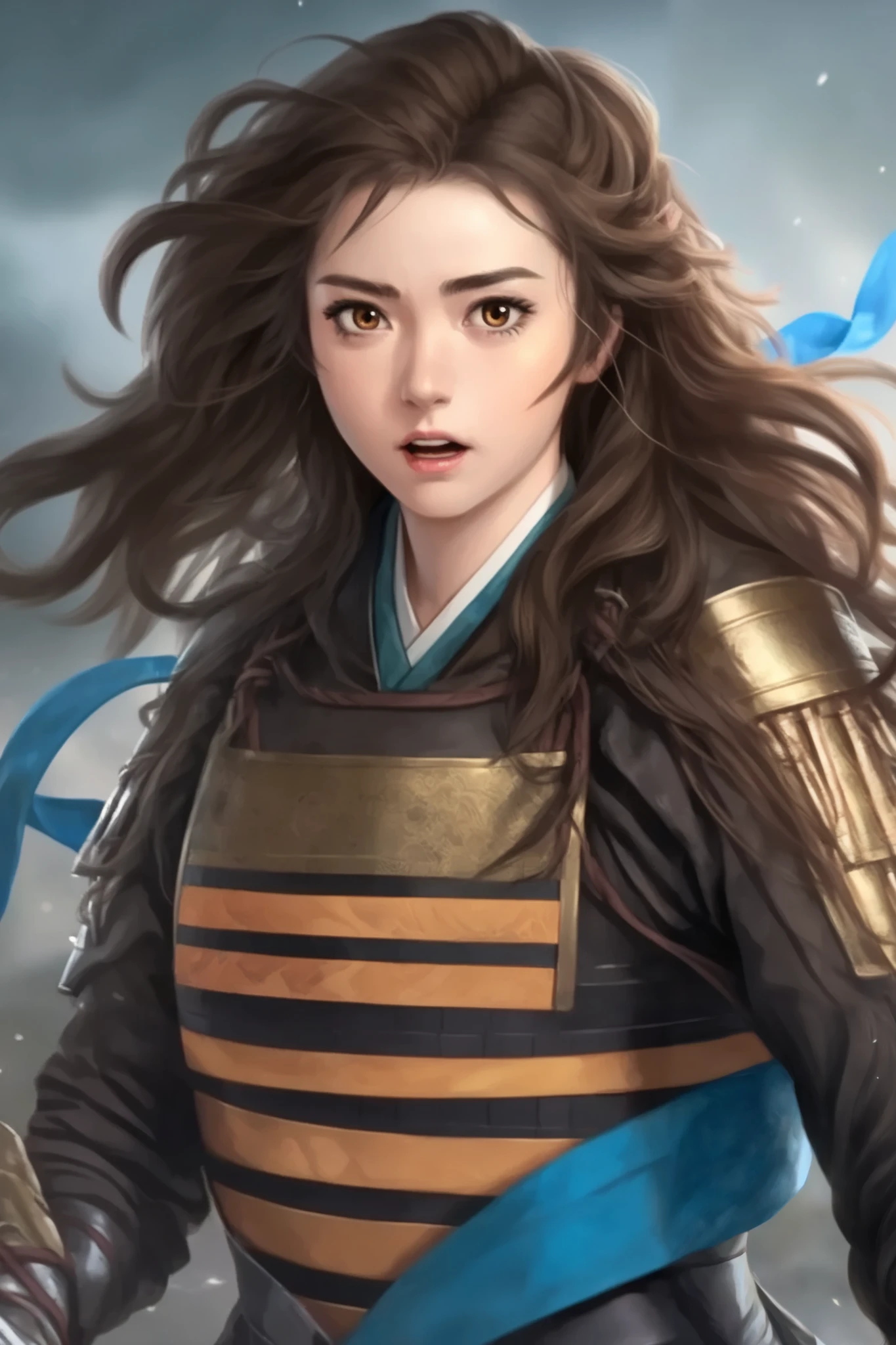   young woman、  On Board of the Storm  、  whole body、The light in your eyes、 Curly Eyes 、Two-dimensional elements  、Woman wearing brown Japanese armor、excited face  、Sharp Eyesight 、 Passionate look 、  black hair、 big eyes、 High Angle、 planted 、Tie up hair、 ponytail、 blue ribbon