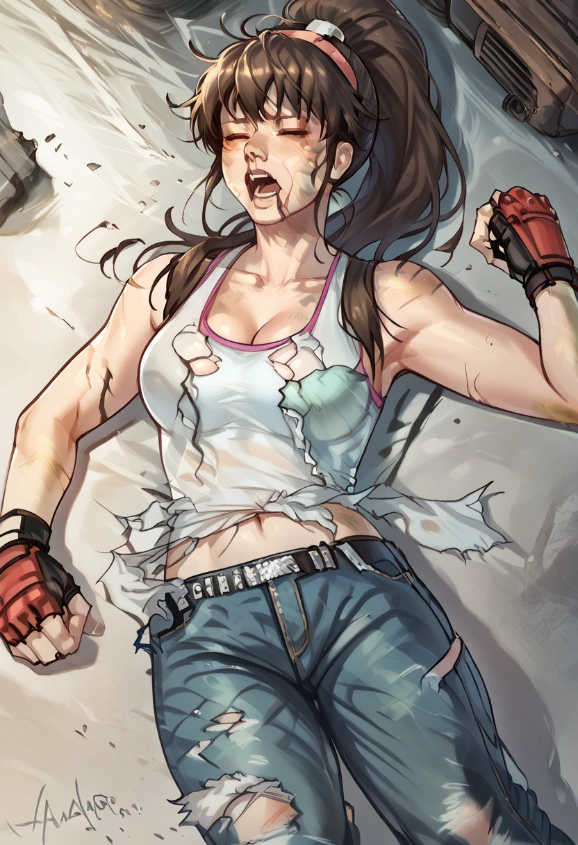 1 girl, HitomiDOA, long dark brown hair in a ponytail, white tanktop, pink hairband, navel, fingerless gloves, jeans, outdoors, laying on the ground, cleavage showing,  (((eyes closed))), mouth slightly open, screaming, ((exhausted)), tired, torn shirt, ripped jeans, ((torn clothes)), sweaty, dirty, in pain, arms at her side, lots of rips in her shirt, skin showing through her clothes, view is from above looking down