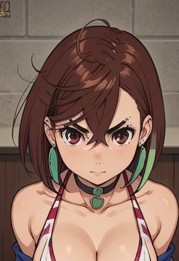 hayase momo, dandandan ,  thin brown hair , Nsfw bobcut hair ,  cute and detailed perfect face, girl,  bigs breast bad ass , Slingshot 