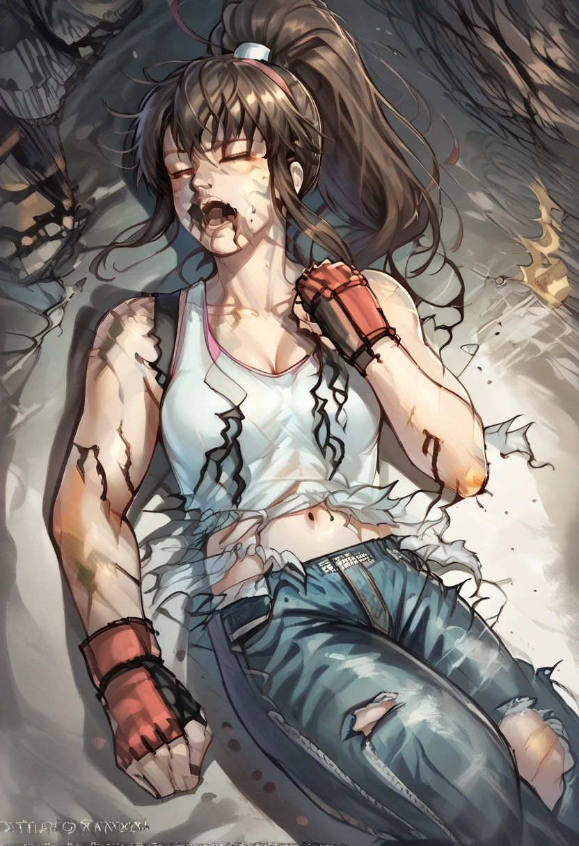 1 girl, HitomiDOA, long dark brown hair in a ponytail, white tanktop, pink hairband, navel, fingerless gloves, jeans, outdoors, laying on the ground, cleavage showing,  (((eyes closed))), mouth slightly open, screaming, ((exhausted)), tired, torn shirt, ripped jeans, ((torn clothes)), sweaty, dirty, in pain, arms at her side, lots of rips in her shirt, skin showing through her clothes, view is from above looking down