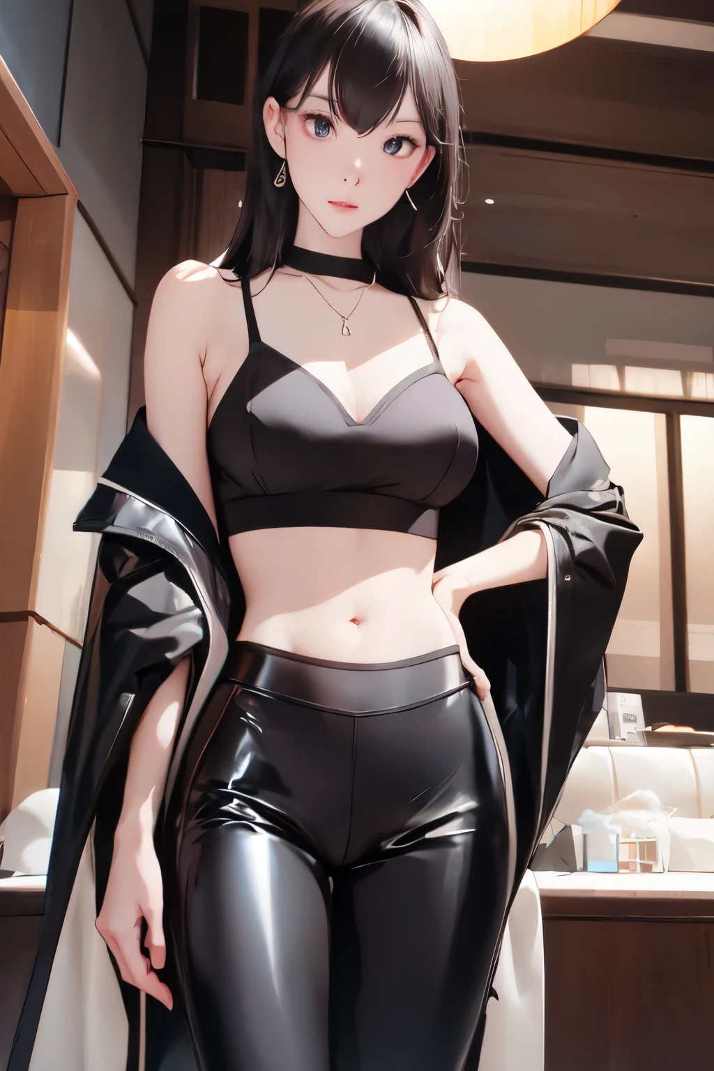  One Wearing Black Low-Waisted Thong Pants、
 Black Latex Strips 、
 Black Latex Socks 、
 Woman with Necklace ，
 in Indoor Environment ，
 Sexy Pose ，
（ Best Quality ，4K，8k， high res，masterpiece：1.2），
 super detailed，
（reality，照片reality，照片reality：1.37），
 Luxury Fashion ，
 Dramatic lighting ，
 Dark and Furious ，
Dramatic Contrast ，
Movie
