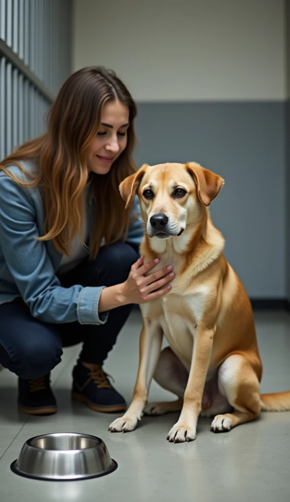 The image depicts a modern, well-lit domestic bathroom with neutral tones and white and gray accents. At the center of the image, a young woman, smiling and with a satisfied expression, is crouching beside a medium-sized dog. The dog, with short, light brown fur, is sitting on a training pad placed in a corner of the bathroom, looking happy and calm, as if being praised for using the correct spot for its needs.The woman is casually dressed in a light-colored blouse and jeans, extending her hand to pet the dog in a gesture of affection. In the background, details of the bathroom, such as a modern toilet and a sink with a mirror, are visible, but the focus of the image remains on the positive interaction between the woman and the dog.On the floor, next to the training pad, there is a small spray bottle, suggesting that the environment has been prepared for the dog's training. The lighting is soft, creating a warm and clean atmosphere, conveying the idea that the bathroom is a safe and appropriate space for the dog to learn where to relieve itself.