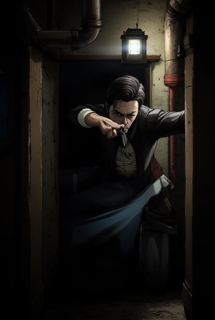 
Max Payne walks with a pistol in his hand through a dark basement, lighting his way with a flashlight