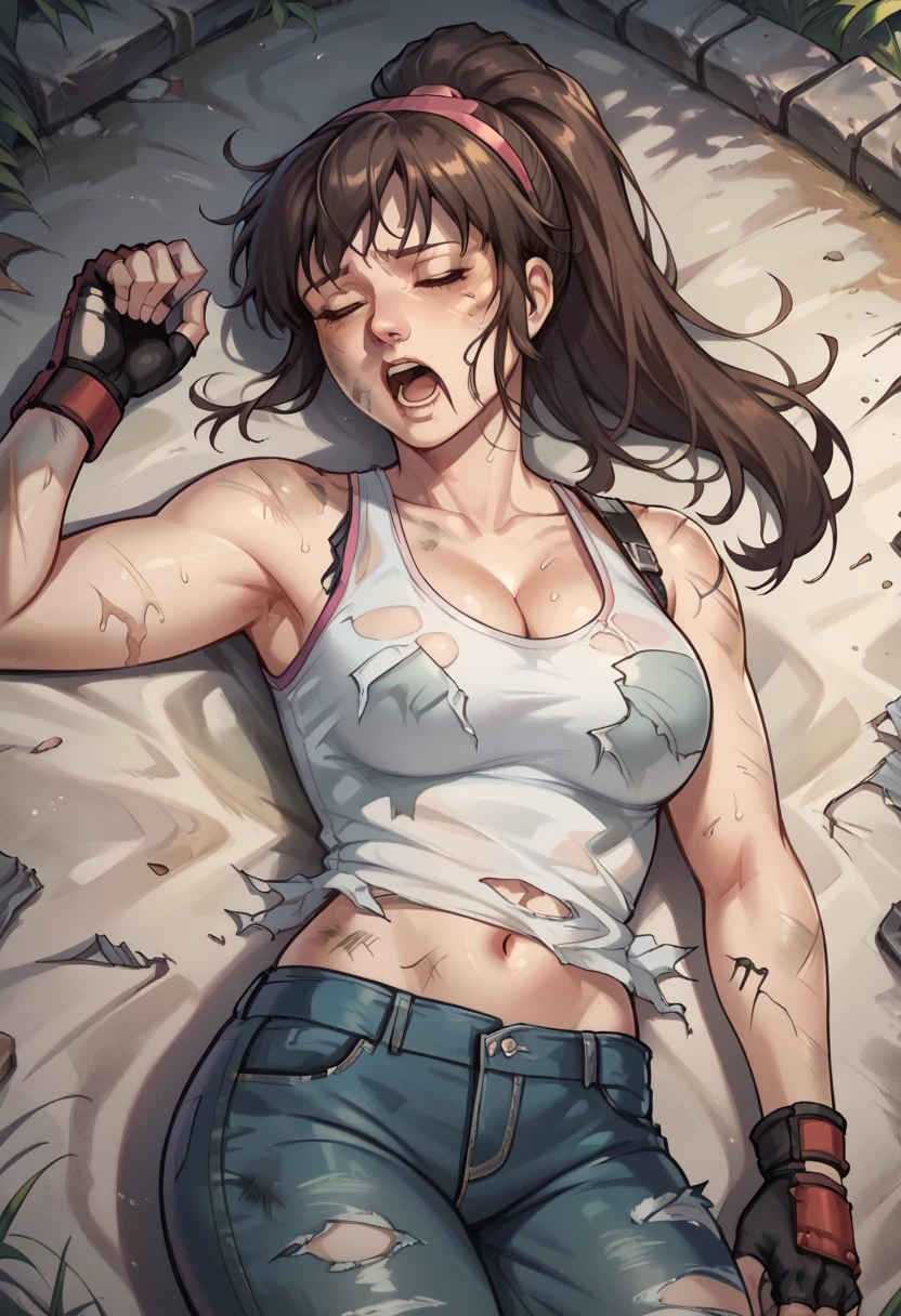 1 girl, HitomiDOA, long dark brown hair in a ponytail, white tanktop, pink hairband, navel, fingerless gloves, jeans, outdoors, laying on the ground, cleavage showing,  (((eyes closed))), mouth open, screaming, ((exhausted)), tired, torn shirt, ripped jeans, ((torn clothes)), sweaty, dirty, in pain, arms at her side, lots of rips in her shirt, skin showing through her clothes, view is from above