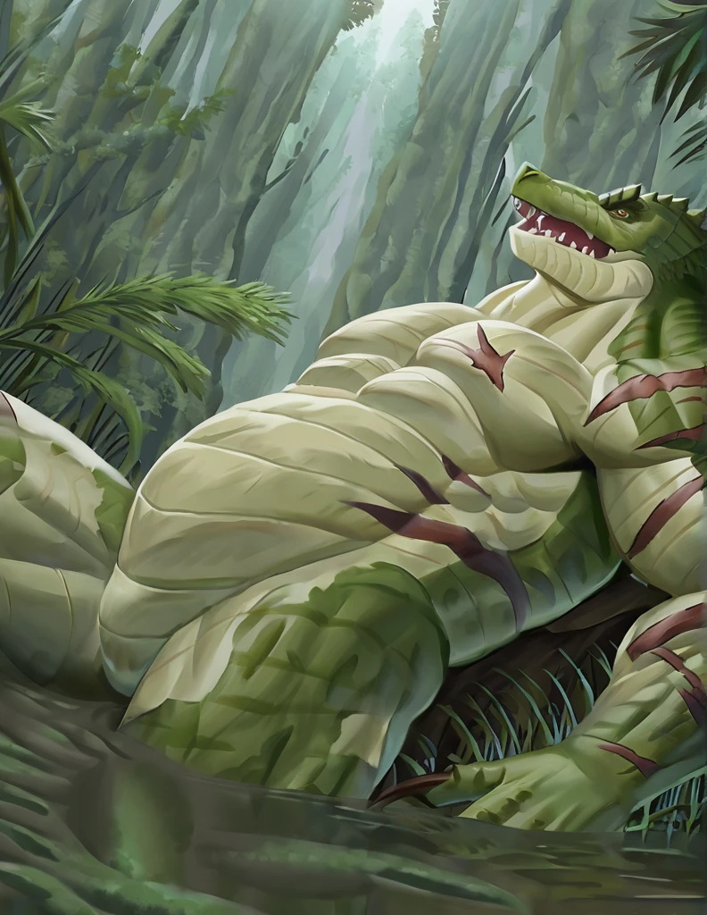 A muscle green male alligator, a muscle green male lizardmen , sleeping showing his  butt, yellow ligth,  tired detailed face