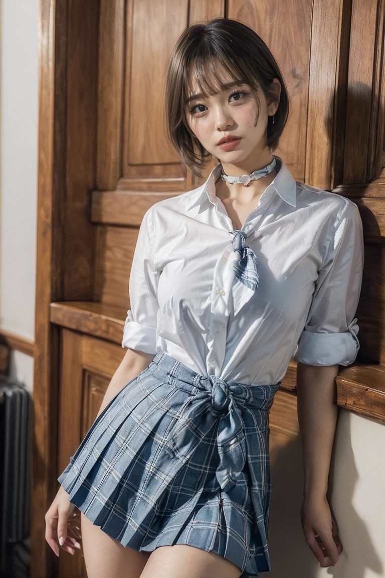 (detailed beautiful eyes and detailed face, masterpiece side light, masterpiece, best quality, detailed, High resolution illustrations), (1 girl, beautiful girl, Glowing skin, look down, Looking at the audience), ( Sky blue long hair, Pink Eyes, skirt, ribbon, Button-down shirts) 45 degrees, top view, sideways, (Hand details)