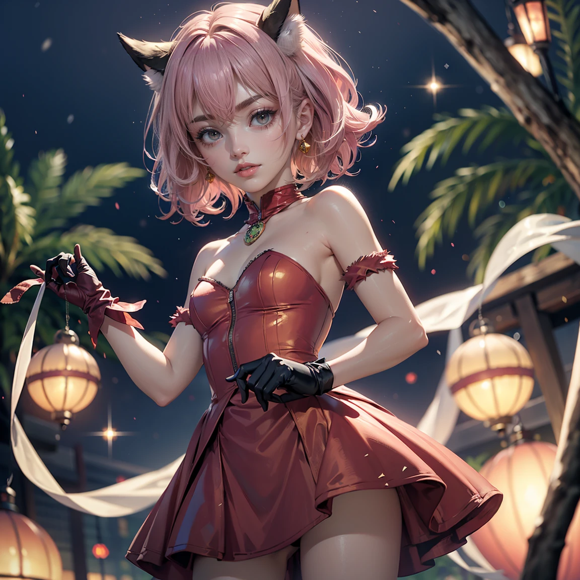Ichigo Momomiya, Tokyo Mew Mew, short hair, pink hair, ornament hair, cat ears, perfectly body, perfectly hands, flowing hair, maid, maid dress, maid headdress, maid apron, white apron, holding a lantern, Chinese lantern, shrine scenery, red roses on focus, gold lantern, Chinese style, Chinese maid dress, marsala dress, more details on her clothes, black dress with transparency, golden details, night, smiling, ((4k, masterpiece, top-quality)),8k, best quality, high resolution, HD, (illustration:0.8), super cute girl, delicate and beautiful face, mature girl, super cute hairstyle, (beautiful detailed eyes:1.6), extremely detailed face, perfect lighting, extremely detailed CG, (perfect hands, perfect anatomy), Best quality, cleavage, small skirt, full Body, two arms, two legs, two hands, five fingers