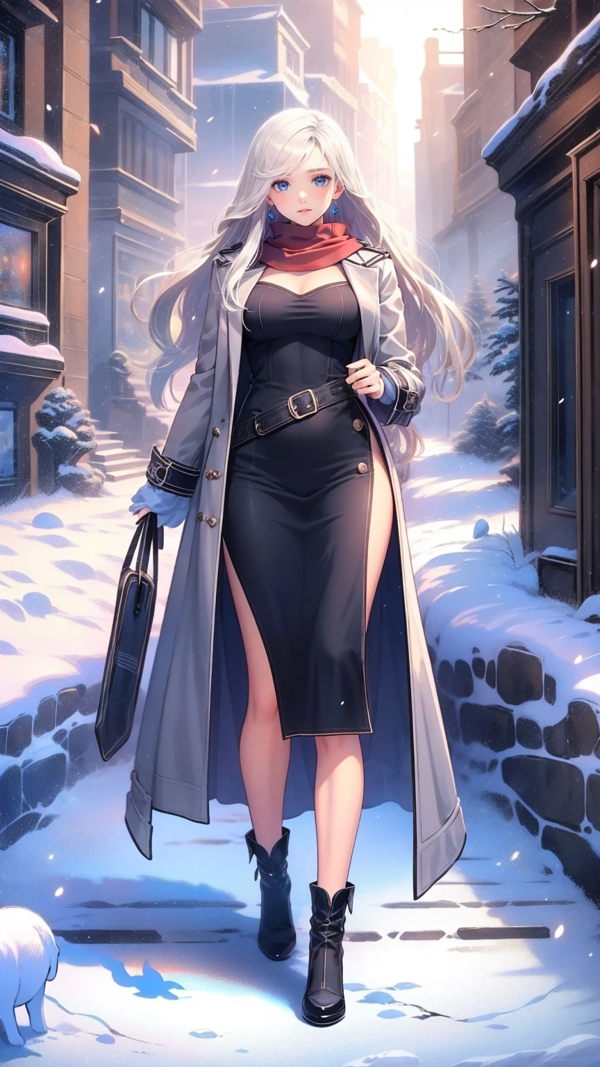  beautiful young German woman with long blond hair and striking blue eyes,  wearing a stylish grey coat ,   black leather gloves,  and bright red scarf ,  standing on a snowy sidewalk in a picturesque city ,  natural light, Intense and vibrant colors ,  very detailed, photorealistic,masterpiece