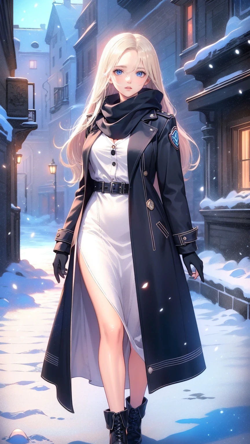  beautiful young German woman with long blond hair and striking blue eyes,  wearing a stylish grey coat ,   black leather gloves,  and bright red scarf ,  standing on a snowy sidewalk in a picturesque city ,  natural light, Intense and vibrant colors ,  very detailed, photorealistic,masterpiece