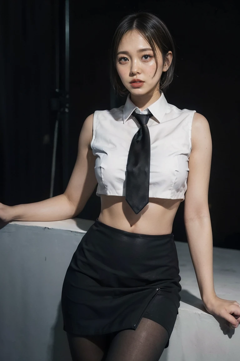 Highest quality、Ultra-high resolution、Professional Lighting、Detailed Background、workroom、whole body,Kobeni-chan、A sloppy smile、25-year-old woman、beautiful girl、(Kobeni-chan、Jet Black Hair, Black Hair, bangs, One-sided hair,)、(Red Hair Clip:1.1)、(White sleeveless shirt:1.2)+(Black tie)+(Black work trousers:1.2)、(Breasts so big that they almost burst:1.2)、(Thick thighs:1.1)、Troubled face、Confused Eyes、Raise your arms to show your sides、Are standing、I rode it a lot