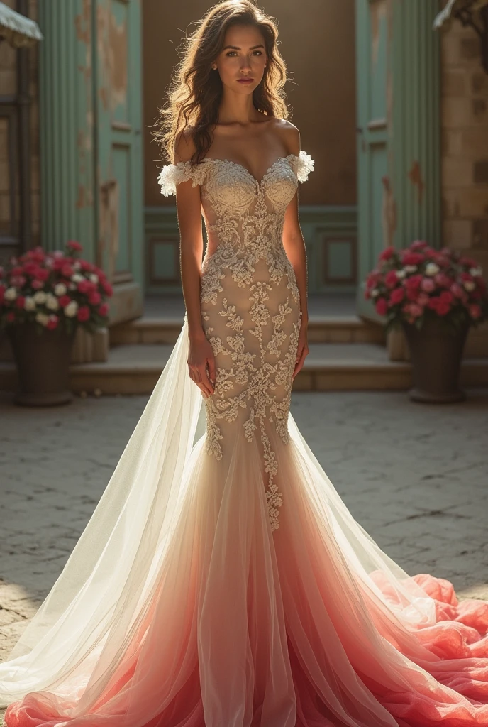 full-length ,wedding dress with plenty of details like 3D flowers, pearl beads, and fine lace. Using soft colors like ivory and rose gold