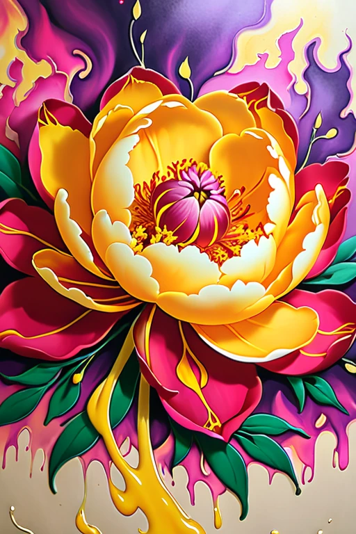 ✨✨✨peony flower burns with fire yellow fluid art 