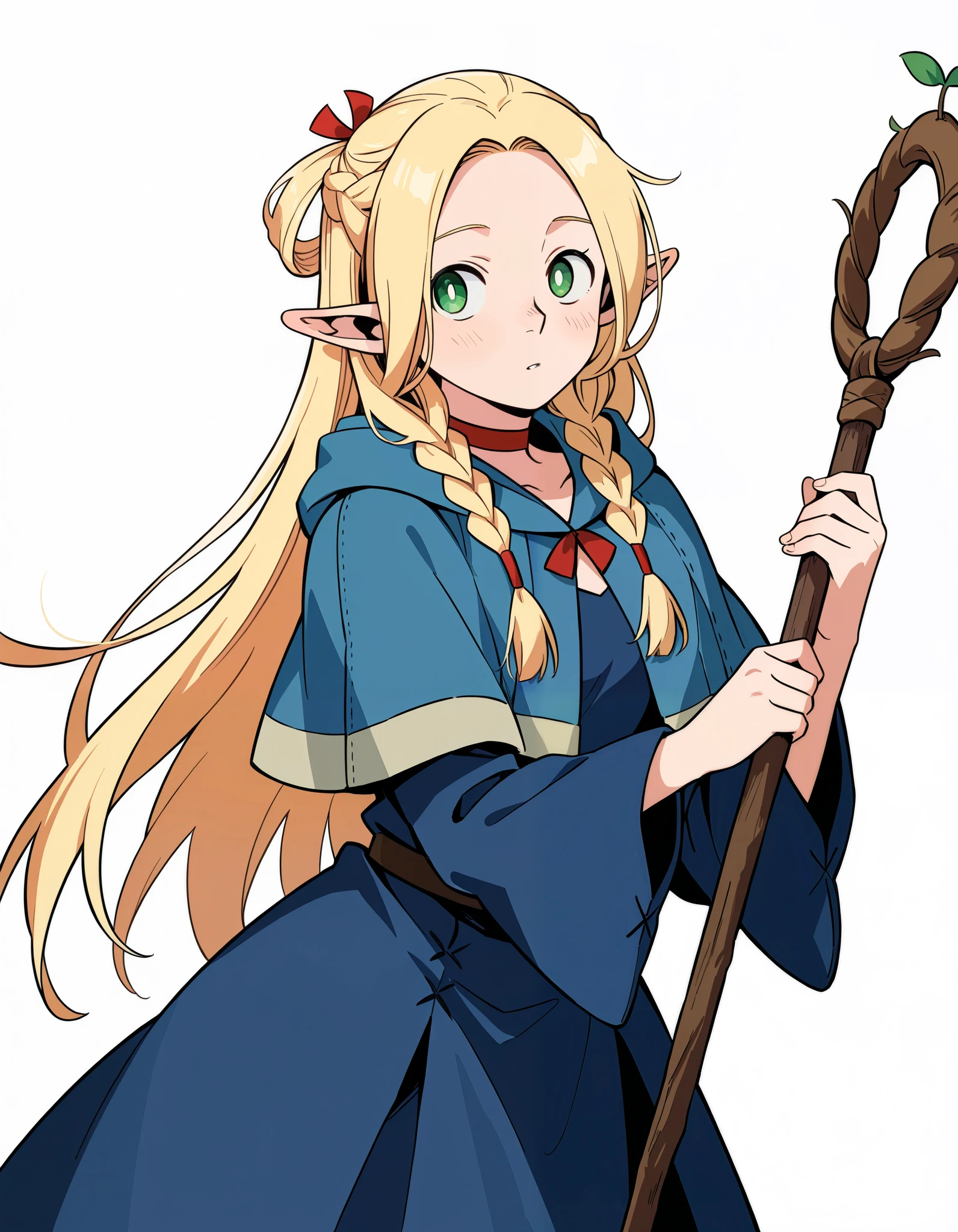 masterpiece, best quality, absurdres, safe
1girl, marcille donato, blue cape, blue dress, holding staff