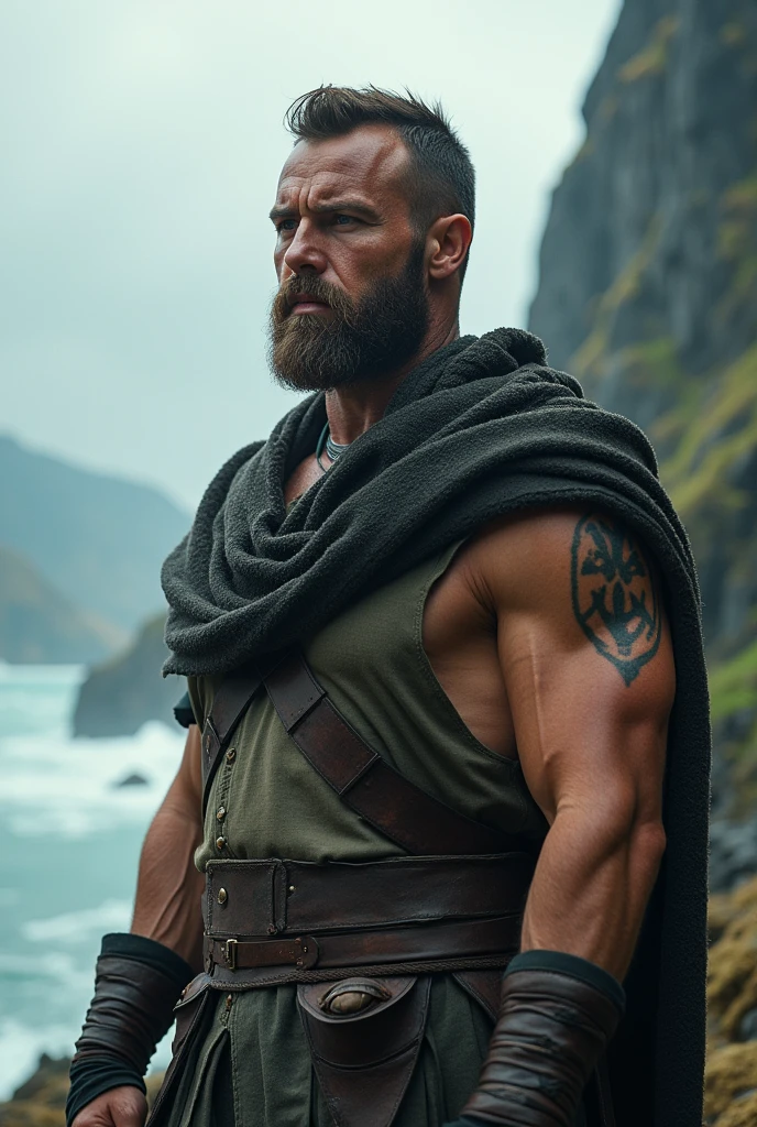 HANDSOME 30 year old male viking, stands in boat at sea, muscular physique, shirtless, viking tattoos visible, he has strong jawline, short messy blonde hair, very handsome, model, high resolution, realistic, very detialed.