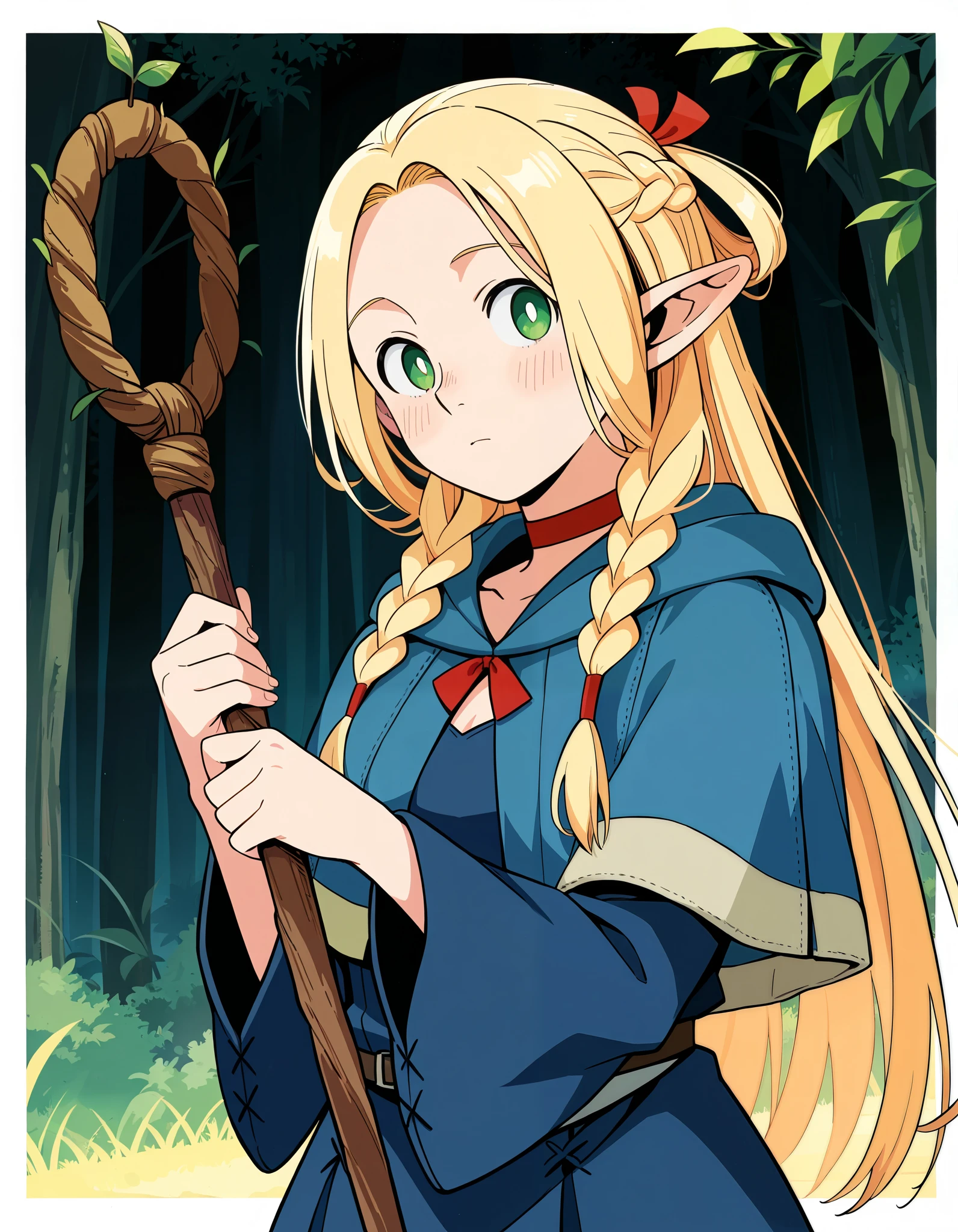masterpiece, best quality, absurdres, safe
1girl, marcille donato, blue cape, blue dress, holding staff