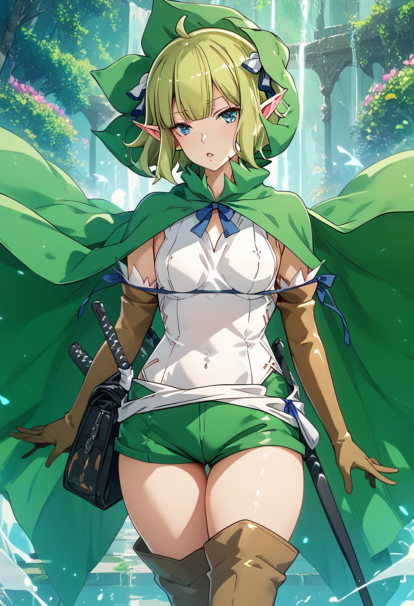 anime，Danmachi，(((Liu Liong)))，Elf， green hair，Green Cape， green hood， green shorts， blue eyes， slender ， thigh boots， white shirt， pointed ears， elbow gloves ，masterpiece,  top quality,  Rating Explicit,  1 girl,   heterosexual lover， high definition ， very aesthetic， glossy skin， style，Beautiful eyes，8K resolution， pretty girl， standing with different breasts ，