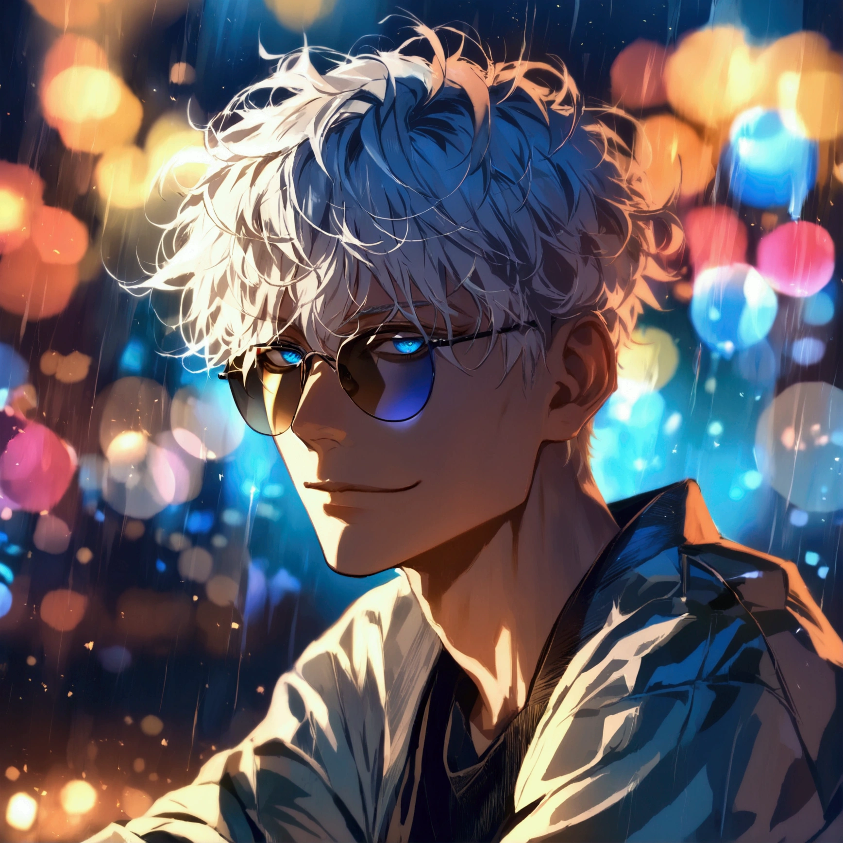 (solo), (1 male), (1 man), handsome men, (one man with white hair, blue eyes), short hair, messy hair, sunglasses,((masterpiece)), (dark background: 1.3), (stylish), dynamic angle, (detailed face, detailed eyes, proportional hands, proportional anatomy), sitting in a relaxed pose, sinister atmosphere, a nihilistic smile