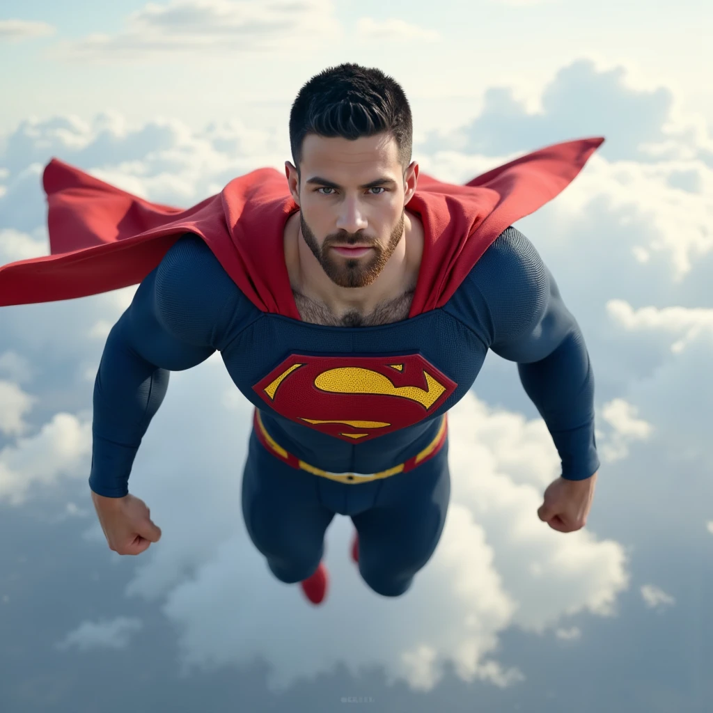 p4yn3, A powerful superhero, muscular young male figure, short beard, intense gaze, confident smile, flying through the sky, The costume is a deep blue with a prominent red and yellow 'S' logo on the chest, and a red cape draped over his shoulders, cinematic lighting, dramatic shadows, vibrant colors, hyper-detailed, photorealistic, seamless 3D rendering, cinematic composition, heroic, epic, awe-inspiring