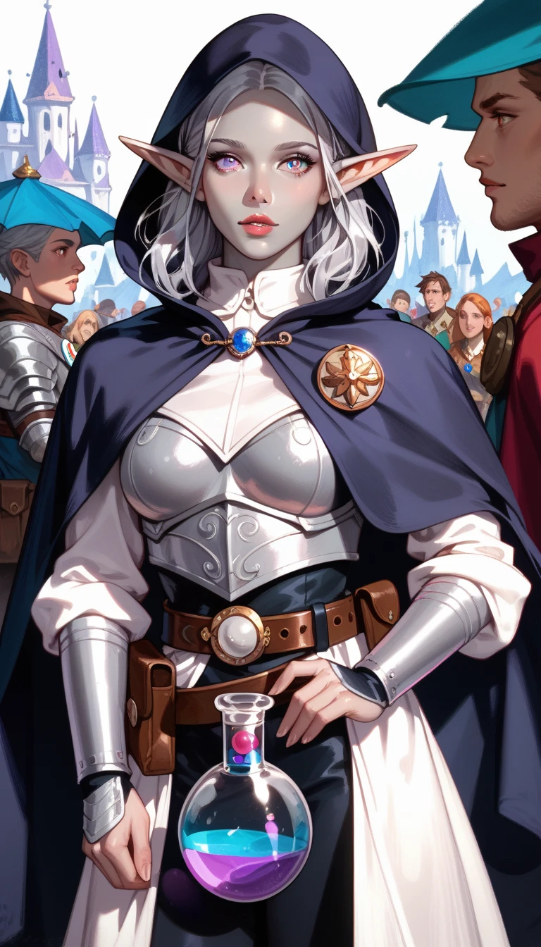 Drow,  Pointed ears, Solitary, Elf, hood, Skin of color, looking at the audience, Long silver hair, cloak, dark Elf, hood up, cape, hooded cloak, belt, pouch, Lavender-colored eyes, Gray skin, arms, Lips, armor, Black/White Badge, potion belt, smith tools on belt,((masterpiece, best quality))