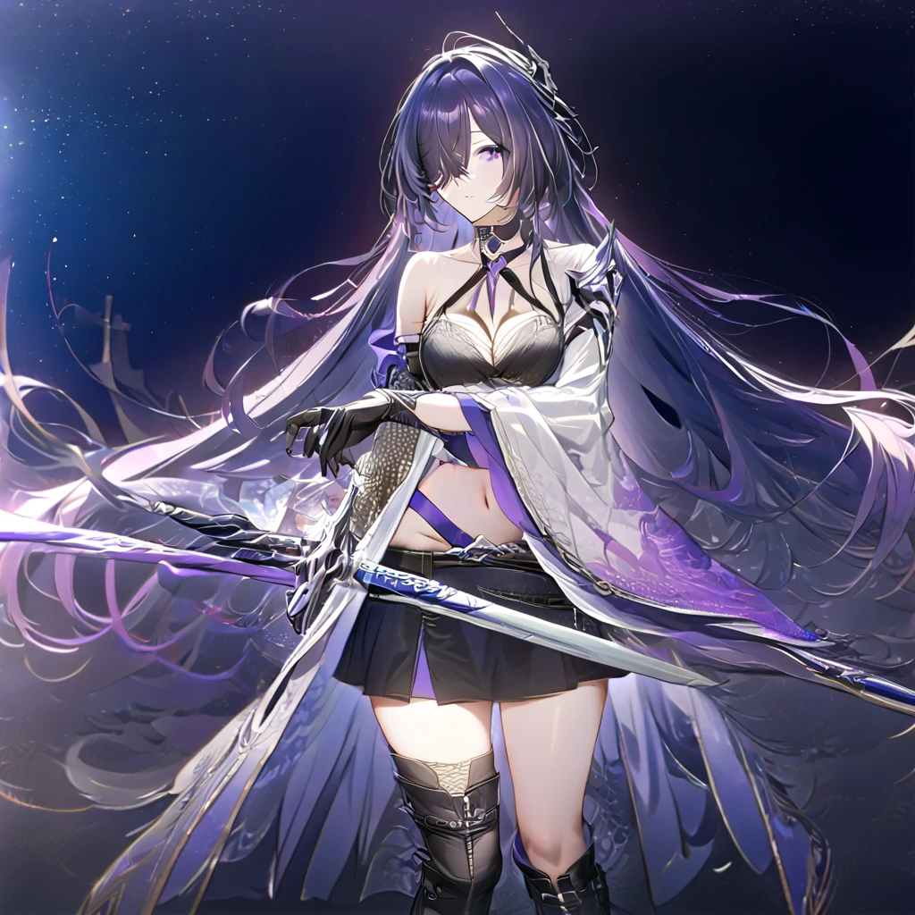 ,Hold the sword with both hands,Huangquan, def clothe, 1girl, long hair, purple eyes, purple hair, hair over one eye, thighhighs, breasts, boots, black gloves, blacks horts, cleavage, ( left single sleeve), long sleeve,( Holding a long, two-handed sword in both hands),(looking away),( expressionless), detailed, screen cap, very detailed, (detailed hair, eyes, and eyelashes:1.2), 1girl, Alone,25 years old,long hair, purple hair, purple eyes, hair over one eye,,(masterpiece:1.2), (best quality:1.2), (very aesthetic:1.2), (Highly detailed CG, High resolution), (detailed background),newest, perfect anatomy,AI-generated,intricate details,safe),