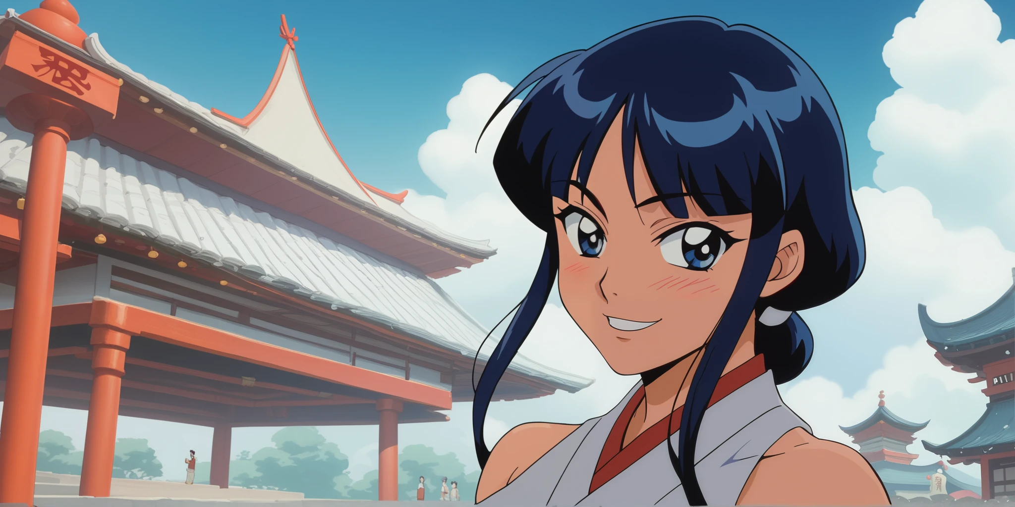 Young woman drawn in 80’s anime art style. 
 Retro anime . Vintage Anime. Classical Anime. 
Black Blue HAIR
Low Ponytail Hair
She has perfectly Round and Circle eyes. 
Blue eyes and Medium Sized Eyebrows. 
She is Tan Woman.
She has Large Breast
Small blush on cheek.
Evil Smile/ Smirk

She is wearing a japanese Hanfu clothing.

Hanfu (simplified Chinese: Hanfu; traditional Chinese: Hanfu; pinyin: Hanfu , lit. "Han clothing"), are the traditional styles of clothing worn by the Han Chinese since the 2nd millennium BCE. There are several representative styles of hanfu, such as the ruqun (an upper-body garment with a long outer skirt), the aoqun (an upper-body garment with a long underskirt), the beizi and the shenyi,  and the shanku (an upper-body garment with ku trousers).

(Cloudy) (Sky) (Raindrops) (Rainy Sky)

(View from the Temple)

Solo, 