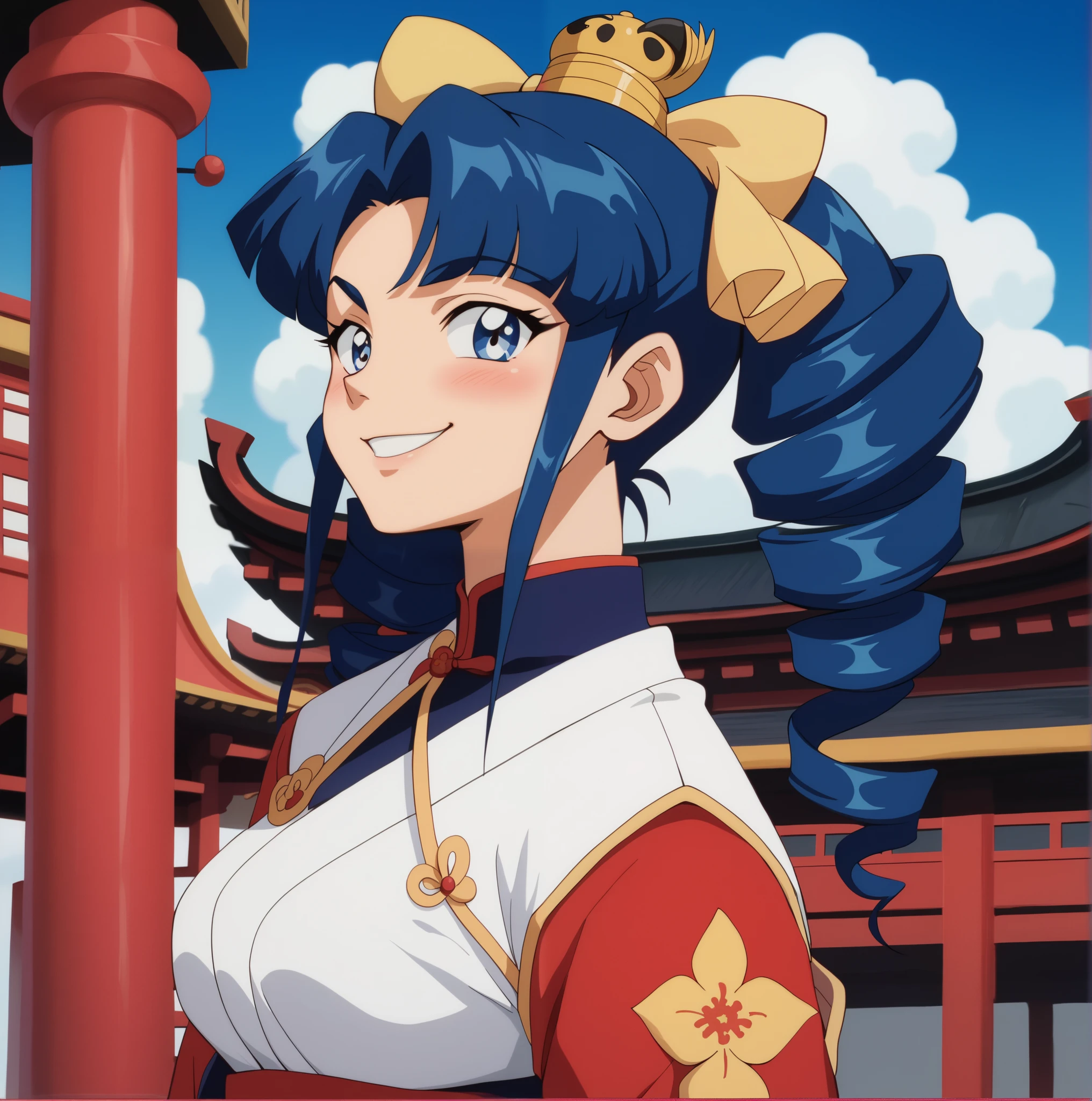 Young woman drawn in 80’s anime art style. 
 Retro anime . Vintage Anime. Classical Anime. 
Black Blue HAIR
Twin Drills Hair
She has perfectly Round and Circle eyes. 
Blue eyes and Medium Sized Eyebrows. 
She is Tan Woman.
She has Large Breast
Small blush on cheek.
Evil Smile/ Smirk

She is wearing a japanese Hanfu clothing.

Hanfu (simplified Chinese: Hanfu; traditional Chinese: Hanfu; pinyin: Hanfu , lit. "Han clothing"), are the traditional styles of clothing worn by the Han Chinese since the 2nd millennium BCE. There are several representative styles of hanfu, such as the ruqun (an upper-body garment with a long outer skirt), the aoqun (an upper-body garment with a long underskirt), the beizi and the shenyi,  and the shanku (an upper-body garment with ku trousers).

(Cloudy) (Sky) (Raindrops) (Rainy Sky)

(View from the Temple)

Solo, 