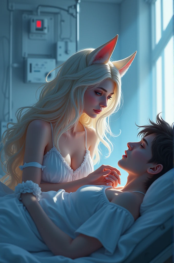 Japanese animation style, digital illustration of an adult elf woman sleeping face down on a large bed, she is wearing elegant silk pajamas, relaxed expression, long loosely wavy blonde hair, sleeping with her pet dog, the dog is curled up on her and sleeping, morning soft light pours in, calm atmosphere, detailed and clear drawing, warm and gentle colors, big breasts
(Highest quality, 8K quality, Masterpiece: 1.3, High resolution, Tabletop: 1.2, ), Full body Esbian: 1.3, (Face perfect in every detail), Normal hands: 1.5, Normal fingers: 1:5, Normal legs: 1.5