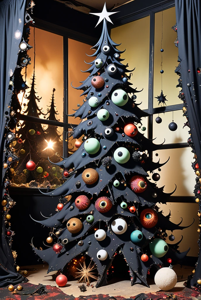 ✨✨✨ Tim Burton,  charred Christmas tree + Mandelbrot cat worm,  three-dimensional , studio photo, tattered curtains + broken balls ,