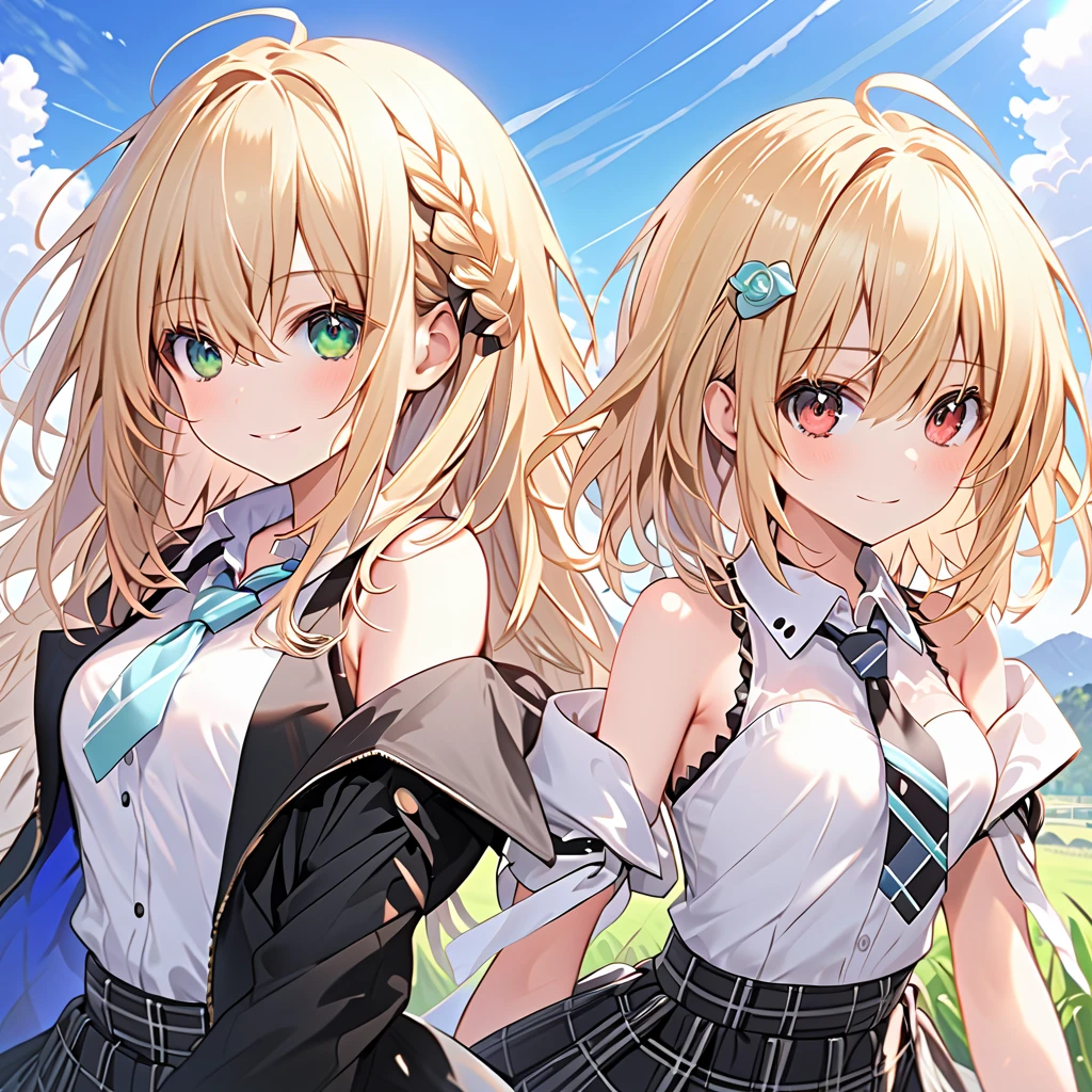 ( two girls),break,Green \(Neptunia )\, blonde hair:1.5, green eyes, smile,long hair:1.5, french braid:1.5, sidelocks:1.5, small breasts, narrow waist, wide hips, (Black blazer:1.1)、(Regular necktie:1.1)、( black plaid mini skirt:1.1)、(bridal garter:1.５),break,blanc \(Neptunia )\, black hair:1.5, red eyes, short hair:1.5, small breasts, narrow waist, wide hips, (Black blazer:1.5)、(Regular necktie:1.5)、( black plaid mini skirt:1.5)、(Thighs),(bridal garter:1.５),grassland、blue sky、 cowboy shot 、 ( perfect anatomy ),( best quality), ( ultra hi-res), (超 high definition ), , ( Highly Detailed CG), (32K), (masterpiece)、eyesHD