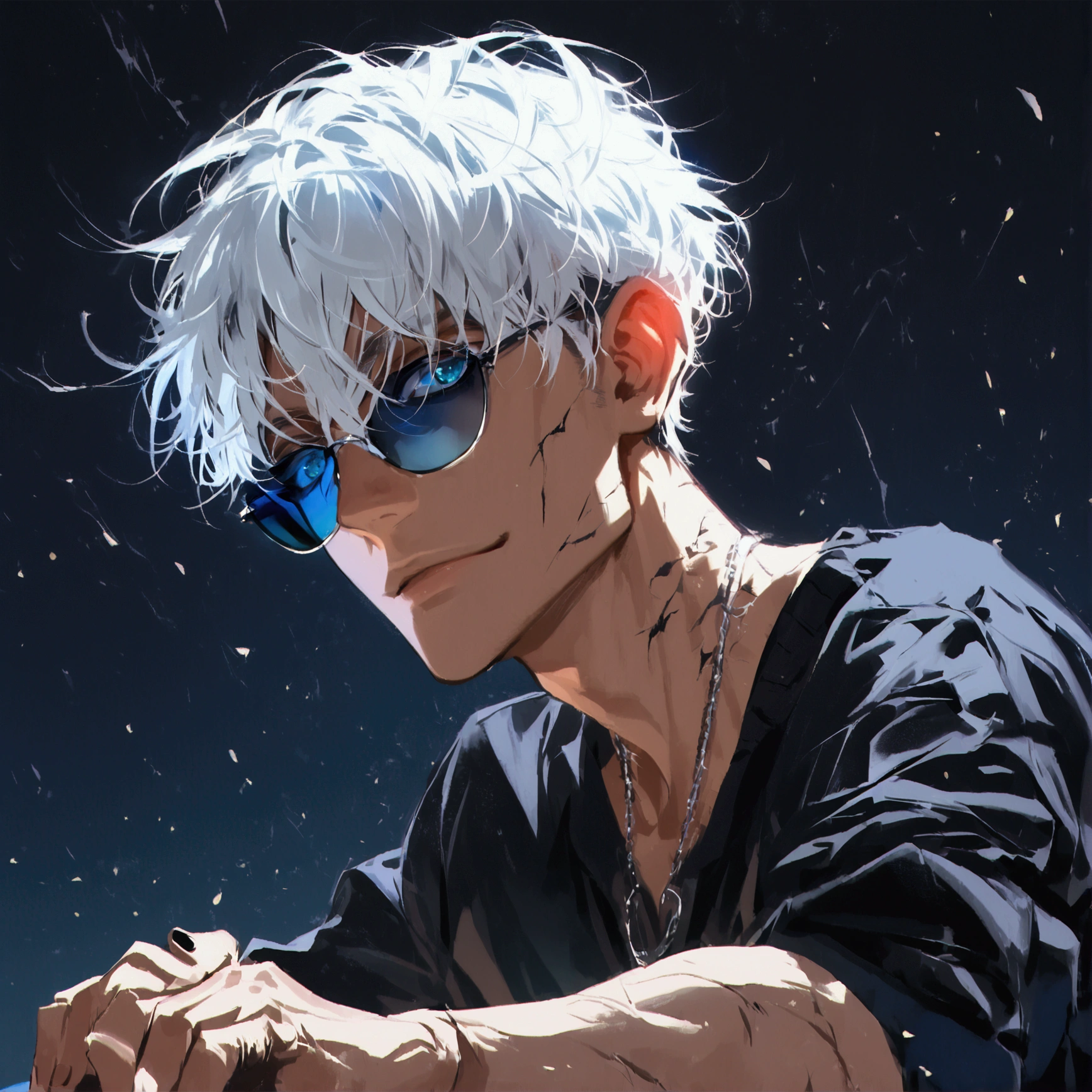 (solo), (1 male), (1 man), handsome men, (one man with white hair, blue eyes), short hair, messy hair, sunglasses,((masterpiece)), (dark background: 1.3), (stylish), dynamic angle, (detailed face, detailed eyes, proportional hands, proportional anatomy), sitting in a relaxed pose, sinister atmosphere, a nihilistic smile